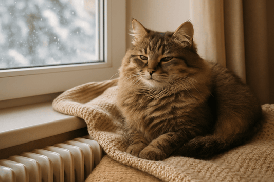 Gatto reale che si scalda vicino al termosifone in inverno