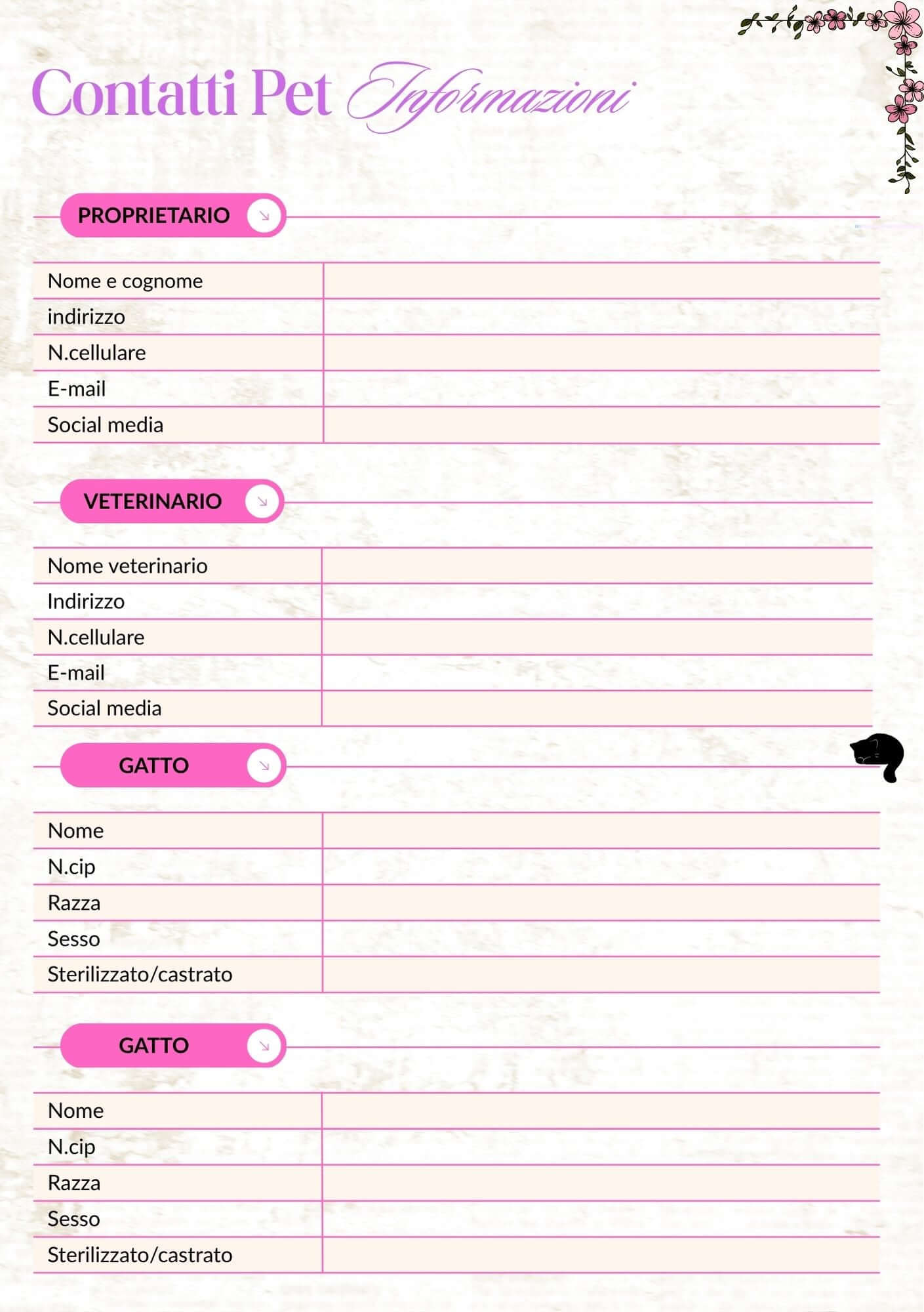 Planner professionale per cat sitter. Tutte le informazioni essenziali sul tuo gatto