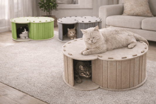Tunnel nascondiglio in feltro per gatti con diversi gatti che riposano e giocano nelle tane.