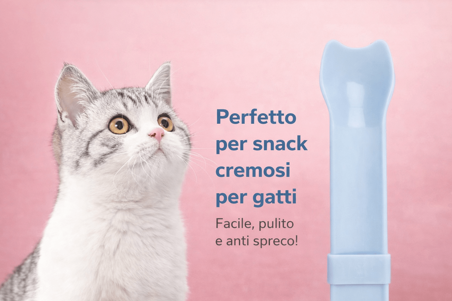 Cucchiaio spremi snack per gatti con gatto curioso e design igienico, facile e anti spreco.