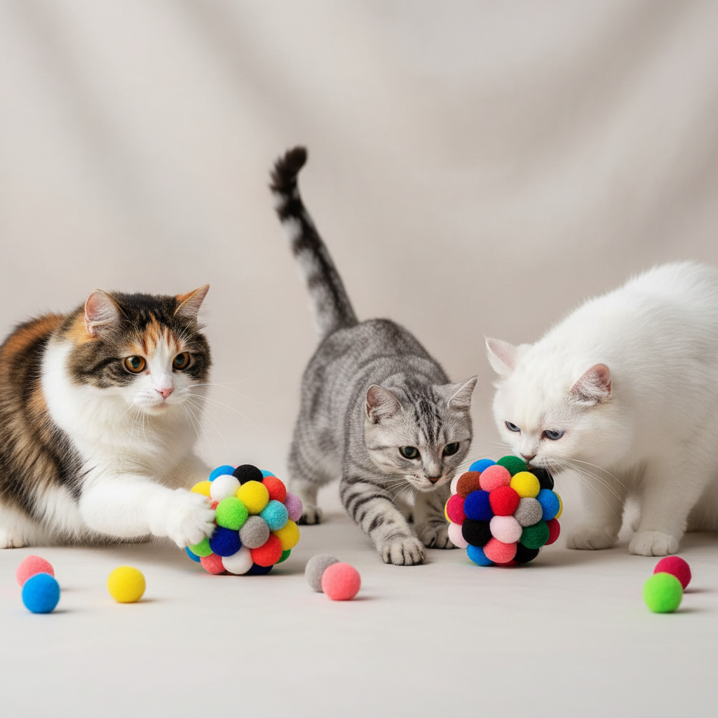 Cats playing with pom-pom toys