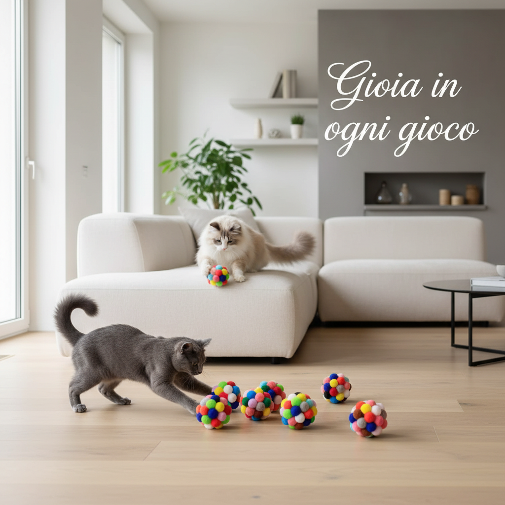 Cats with pom-pom toys - Gioia in ogni gioco