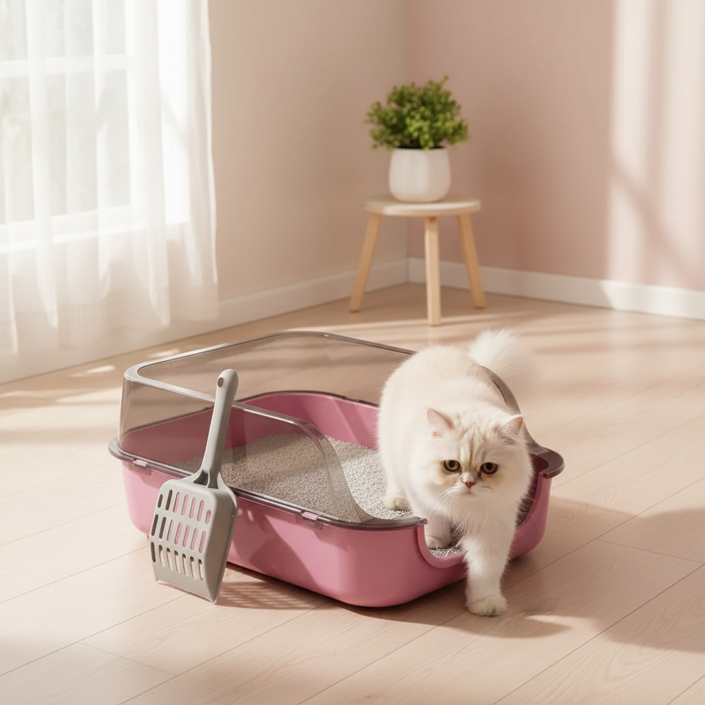 Lettiera rosa premium con gatto in ambiente moderno