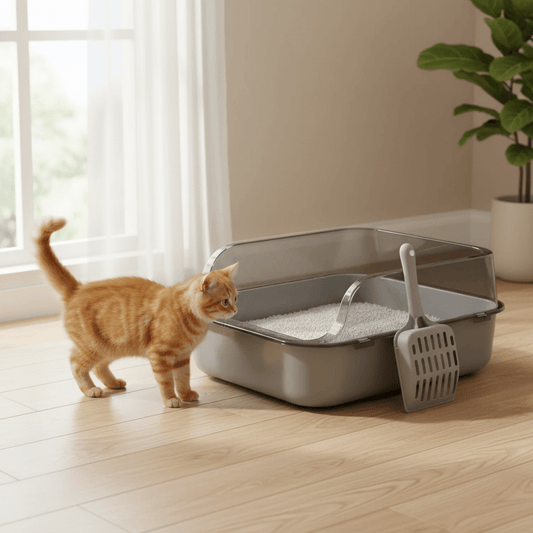 Lettiera semi-chiusa con gatto in ambiente moderno