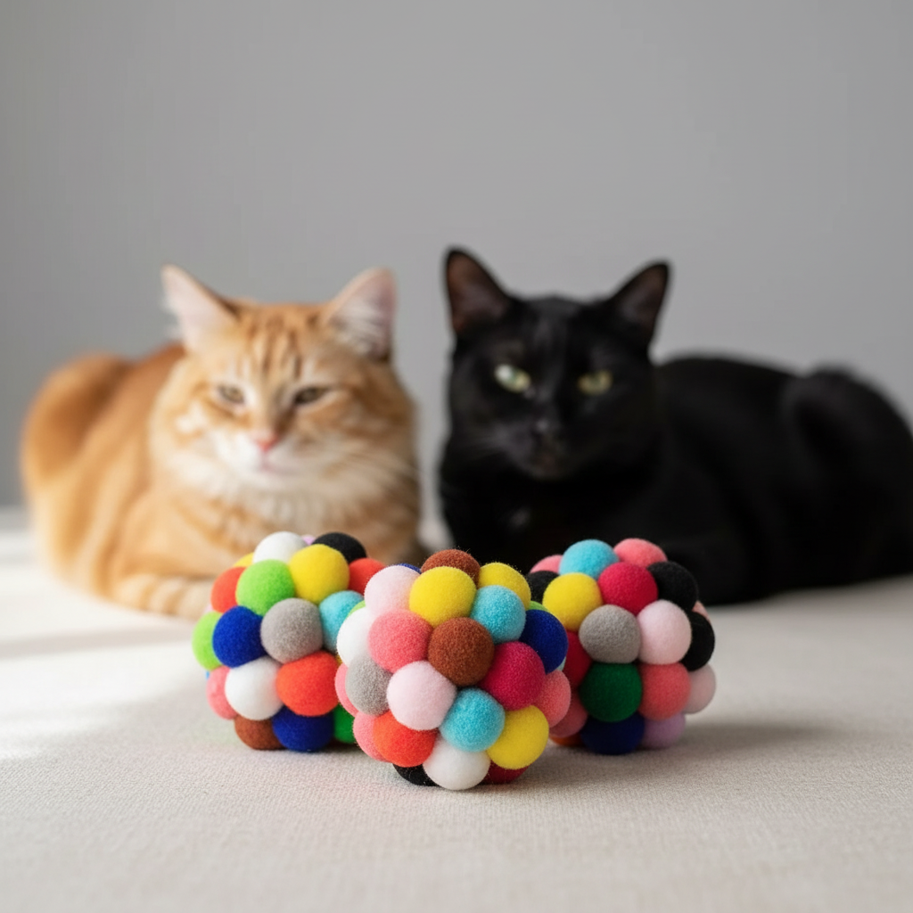Pom-pom cat toys with cats