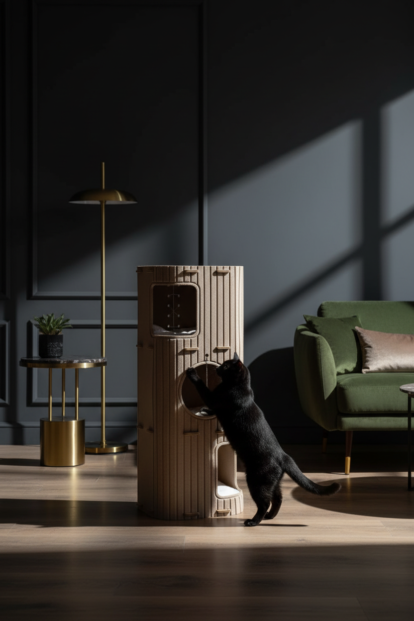 Torre con gatto nero in ambiente luxury