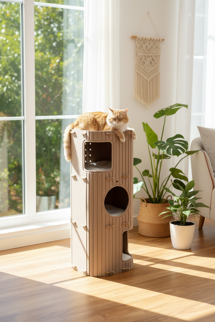 Torre con gatto rosso vicino alla finestra